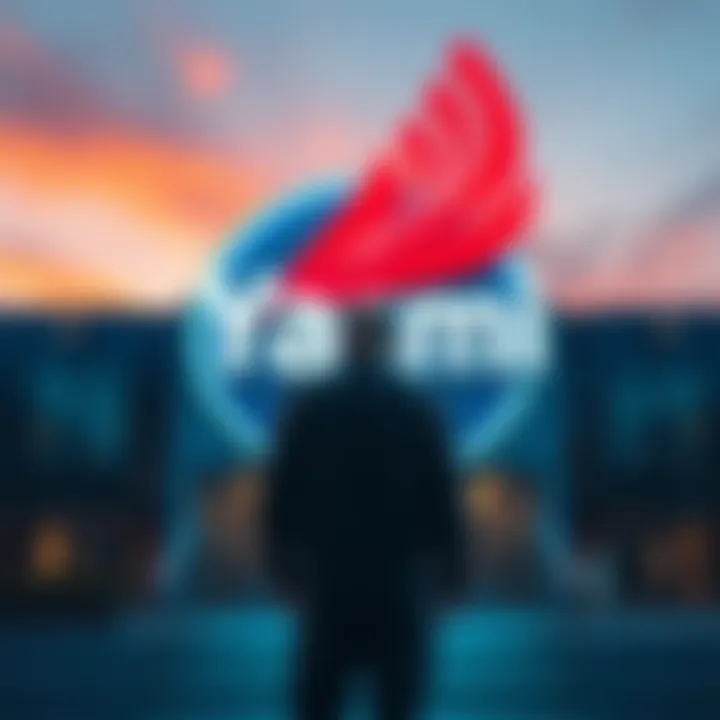 A contemplative figure standing before a company logo, symbolizing uncertainty and scrutiny in corporate affairs.