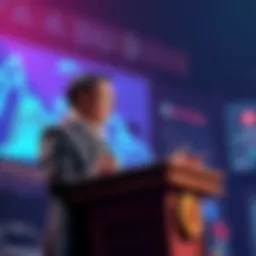 Yat Siu discussing crypto Yat Siu speaking at a podium about altcoins and Bitcoin value