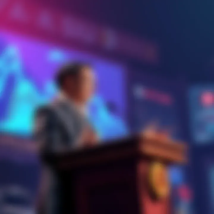 Yat Siu discussing crypto Yat Siu speaking at a podium about altcoins and Bitcoin value