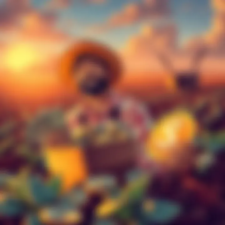 Illustration of a farmer collecting cash rewards from crops while holding tokens representing long-term investments.