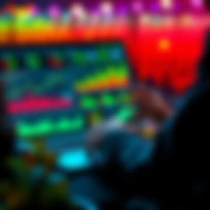 A person analyzing yield farming data on a laptop with charts and graphs showing market trends and token values.