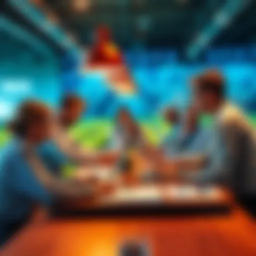 A group of people sharing insights on yield farming strategies at a table with laptops and charts, focusing on high-yield pools and liquidity management.