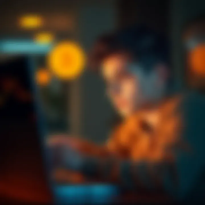 A 21-year-old looking at a laptop screen displaying Bitcoin prices with a thoughtful expression