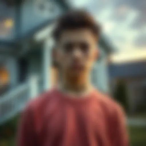 A young adult stands outside a house, looking conflicted and unsure about their relationship with their parents after being kicked out