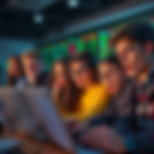 Group of young adults trading cryptocurrencies and stocks on their laptops, showing expressions of excitement and concern as they engage in risky financial decisions.