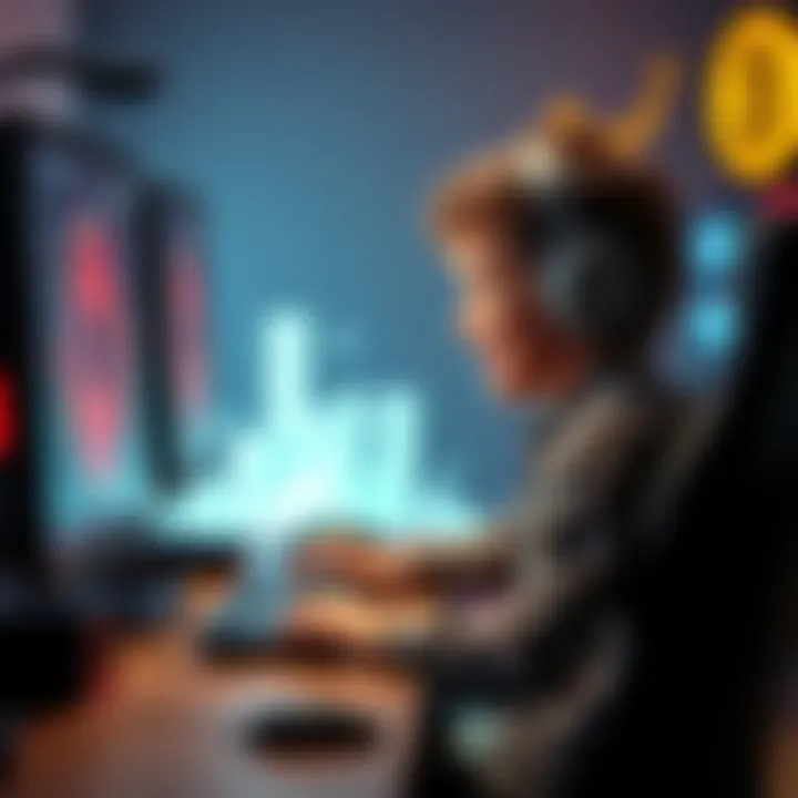 An 11-year-old boy sitting at a desk with a powerful gaming computer, exploring mining software and looking excited about earning money.