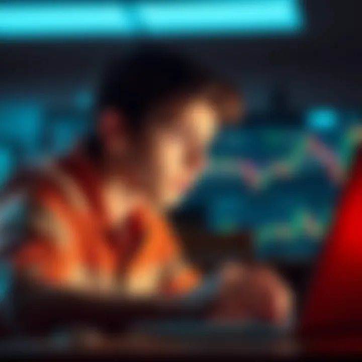 An 18-year-old looking at Bitcoin charts on a laptop with a thoughtful expression, representing the decision to invest.