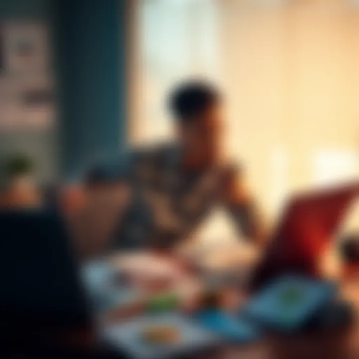 A worried young man sits at a table looking at his phone with a worried expression, papers and a laptop are scattered around him, symbolizing financial distress from a crypto scam.