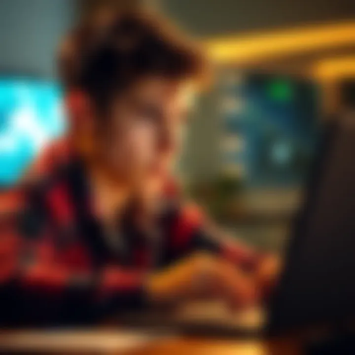 A young adult looks worriedly at a laptop showing fluctuating cryptocurrency prices