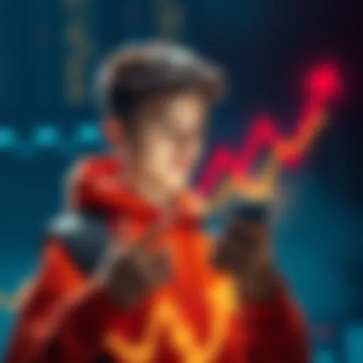A 22-year-old checking crypto wallet on phone, looking excited about potential gains, with a graph showing upward trend in the background.