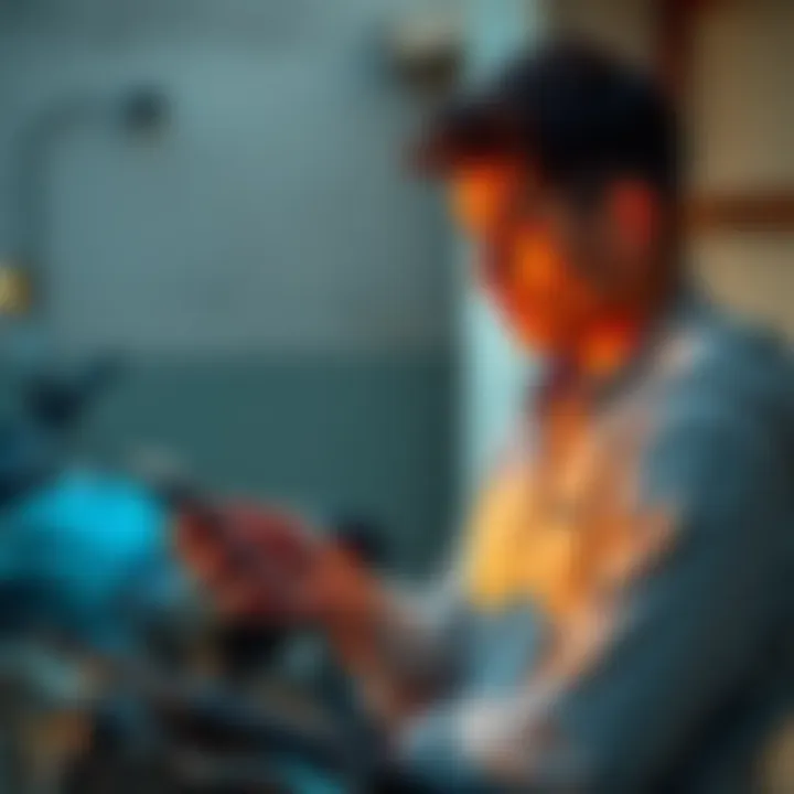 A 25-year-old man in Portugal looks at a laptop screen displaying Bitcoin prices. He holds a phone, contemplating a loan for investment. Nearby, a motorbike is parked, symbolizing his planned sale for funding.