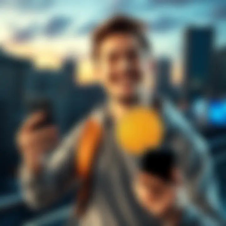 A young man with a happy expression holding his Bitcoin wallet and smartphone, excited about his first investment in Bitcoin, with a backdrop of a modern city.
