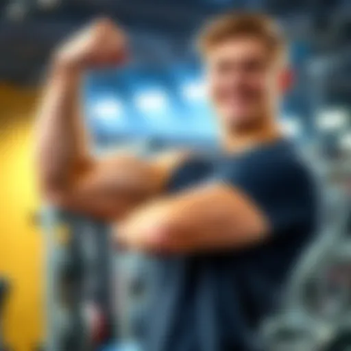 A smiling 18-year-old male flexing his bicep in a gym, showing off his weight loss and newfound confidence.