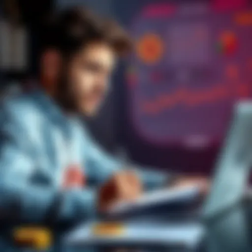 A 28-year-old man studying Bitcoin on his laptop, surrounded by notes and charts, looking focused and thoughtful.