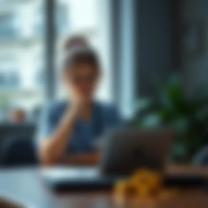 A young nurse in France, sitting at a table with a laptop, looking thoughtful while reviewing financial information about Bitcoin investments.