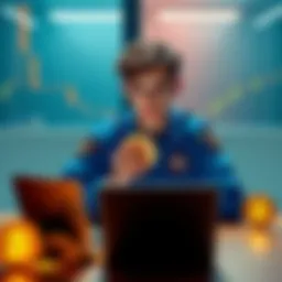 A young paramedic sits at a table with a laptop and Bitcoin symbols around him, looking hopeful and determined as he plans his investments.