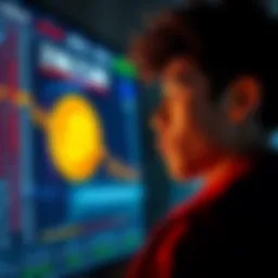 A young person gazing at a screen displaying rising Bitcoin prices, showing a look of regret and longing for missed opportunities in investment.