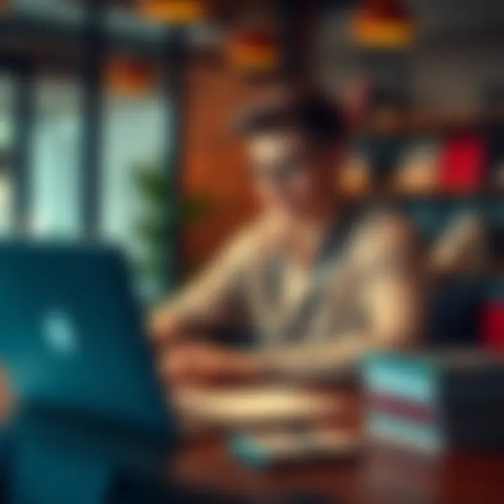 Young student weighing purchase options A 20-year-old university student sitting at a desk, looking thoughtfully at a laptop, considering a significant purchase while surrounded by books and a notepad with financial notes.