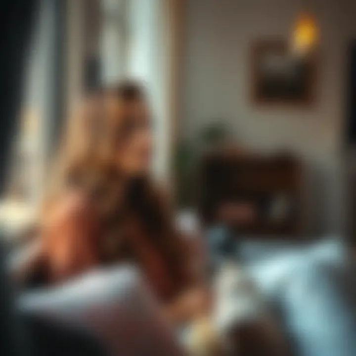 A 21-year-old woman looks pensively out a window, reflecting on her unexpected pregnancy. She appears thoughtful and concerned, surrounded by a cozy room.
