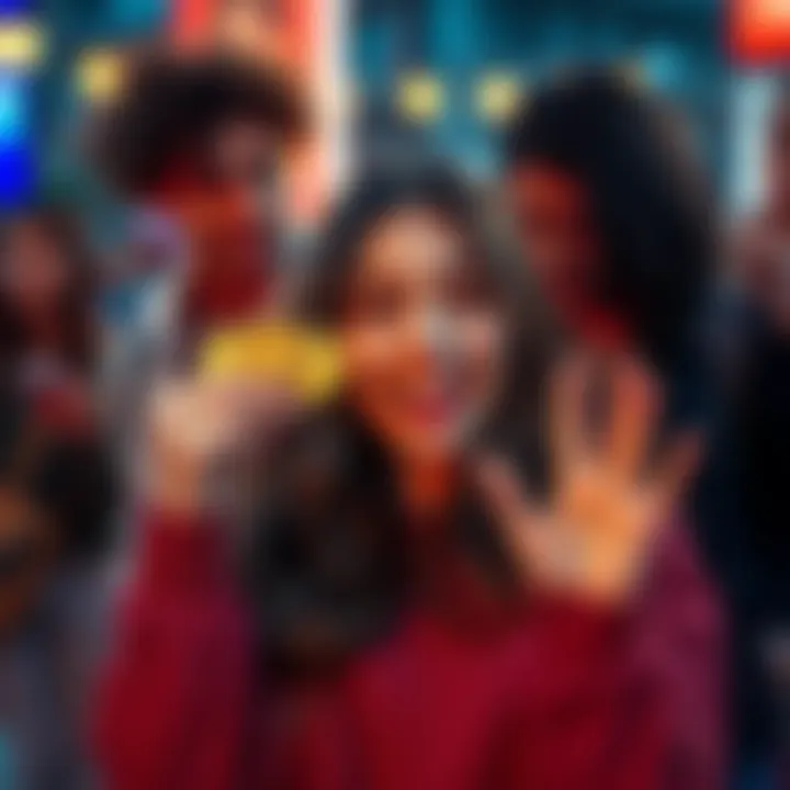 A young woman excitedly showing her DOT coins, surrounded by friends who admire her