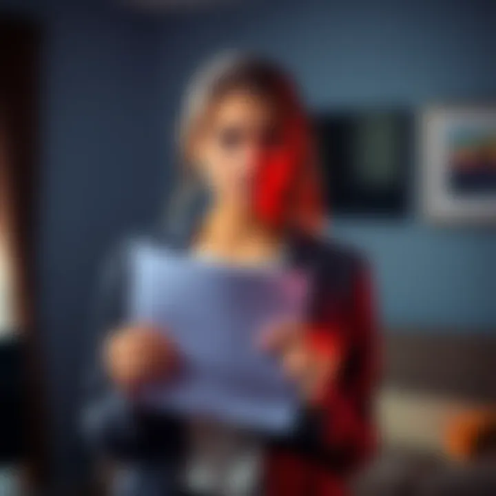 A 21-year-old woman stands in a room, looking determined as she holds a resignation letter. She appears conflicted, facing pressure from her mother behind her. Her expression shows a mix of strength a...