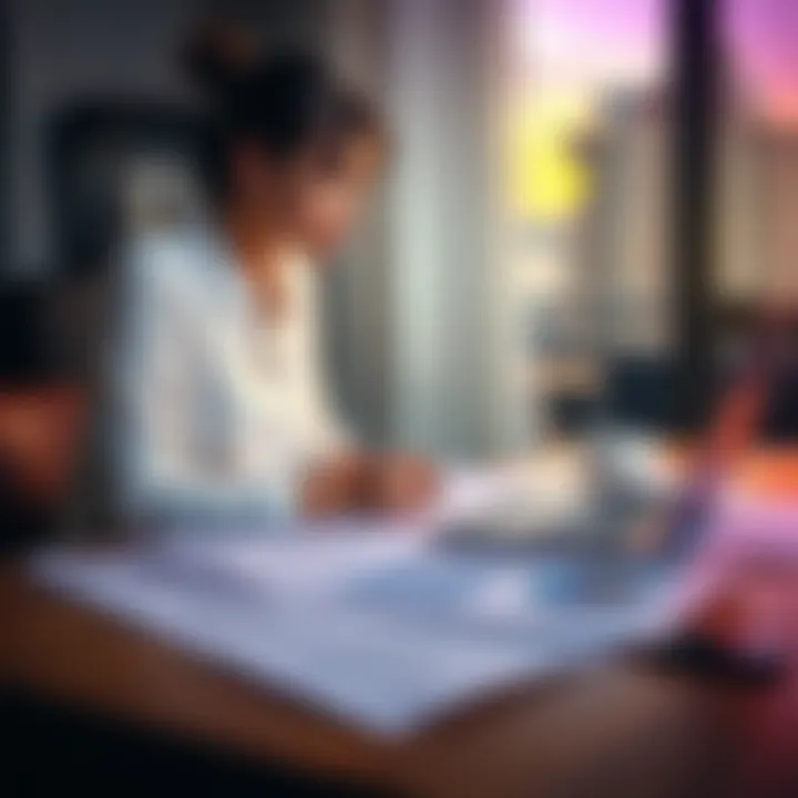 A 33-year-old woman reviewing her financial plan at home, with a laptop and financial documents spread out on a table, contemplating her early retirement goals and family plans.