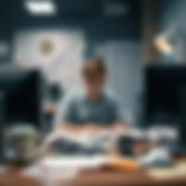A tired young worker sitting at a cluttered desk, staring blankly at a computer screen, surrounded by crumpled papers and coffee cups, reflecting on their burnout experience
