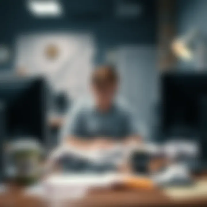 A tired young worker sitting at a cluttered desk, staring blankly at a computer screen, surrounded by crumpled papers and coffee cups, reflecting on their burnout experience