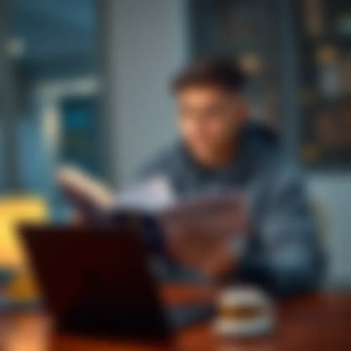 A 22-year-old man sits at a table, focused on a book about cryptocurrency, with a laptop and a coffee cup beside him, pondering his future in digital currency.