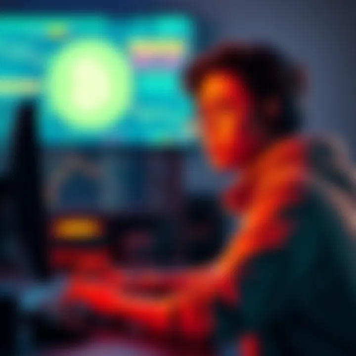 A young adult gamer sits in front of a computer screen, with a frustrated expression, reflecting on lost Bitcoin due to hard drive failure.