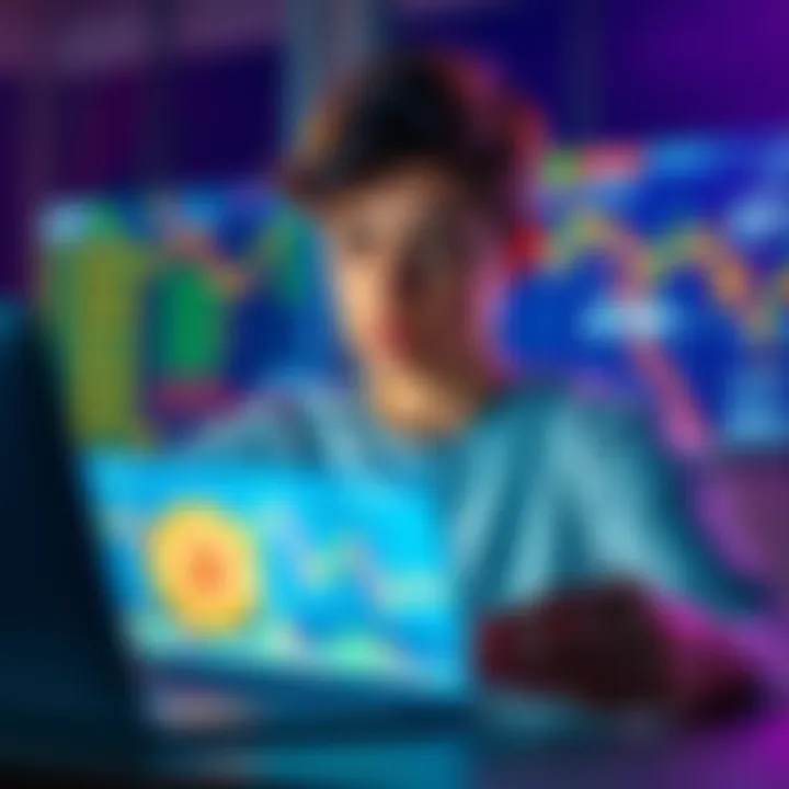 A young person looking at Bitcoin and ETF charts on a laptop, pondering investment choices for the future.