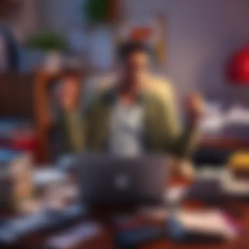 A young adult sitting at a cluttered desk with multiple job applications and bills scattered around, looking stressed while holding a laptop and a phone in each hand.