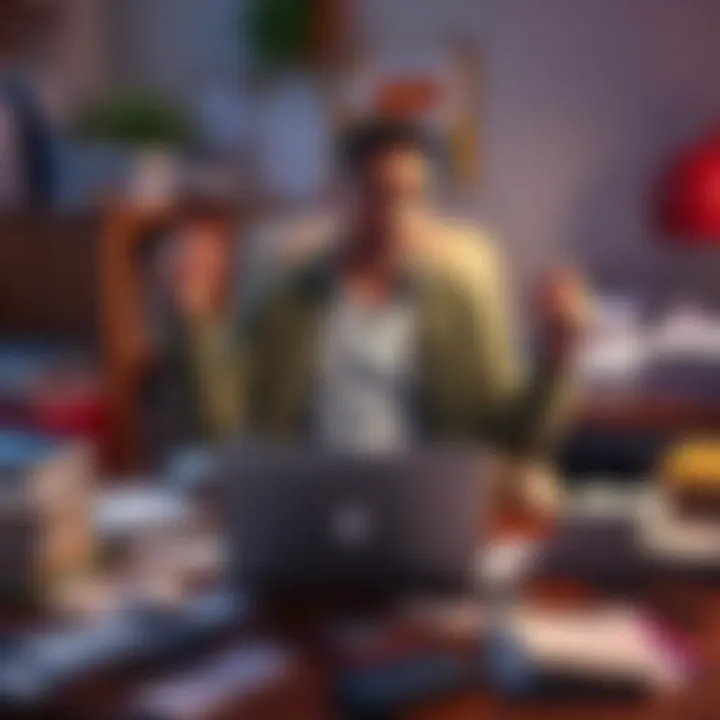 Young Adult Juggling Multiple Jobs A young adult sitting at a cluttered desk with multiple job applications and bills scattered around, looking stressed while holding a laptop and a phone in each hand.