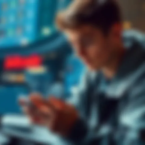 A young Canadian is using a smartphone to buy Bitcoin online, looking focused and determined.