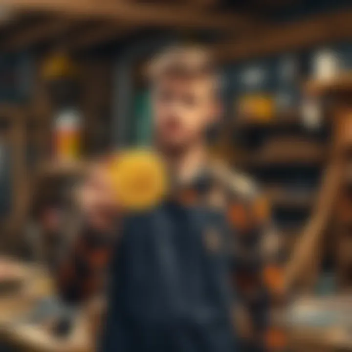 An 18-year-old carpenter from Scandinavia contemplating a loan while holding a Bitcoin symbol. He stands with tools in his workshop, showing a blend of trade and finance aspirations.