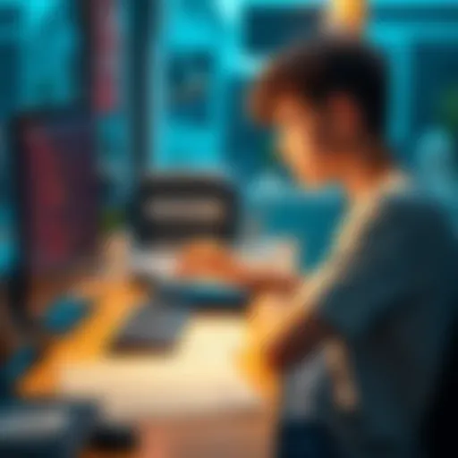 A teenage boy working on his blockchain code at a computer desk, focused on security audit options, surrounded by notes and programming books.