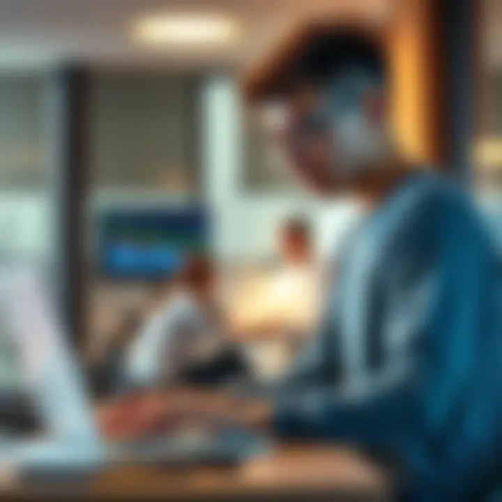 A 20-year-old blockchain student reviewing AI project ideas on a laptop in a modern workspace