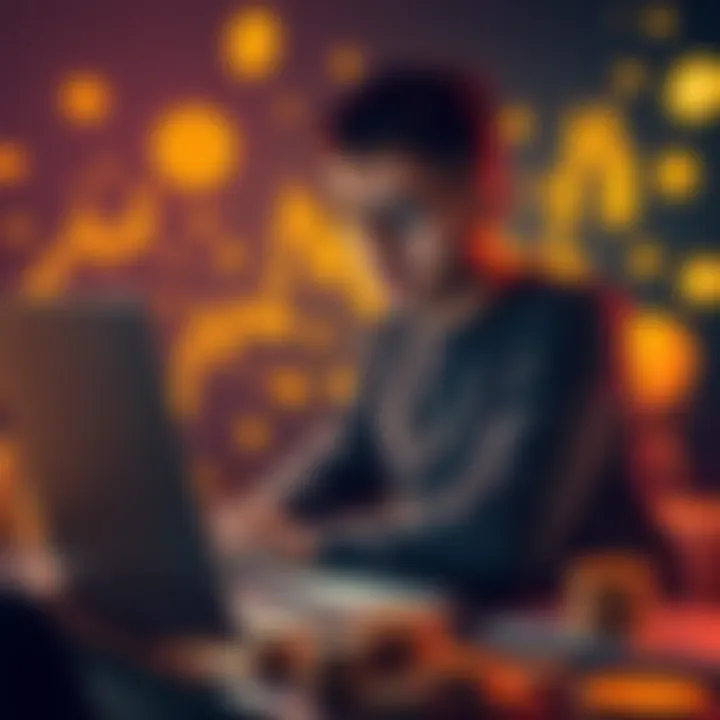 A young software engineer from Pakistan looking at Bitcoin charts on a laptop, surrounded by cryptocurrency symbols and coins, symbolizing the start of his crypto journey.