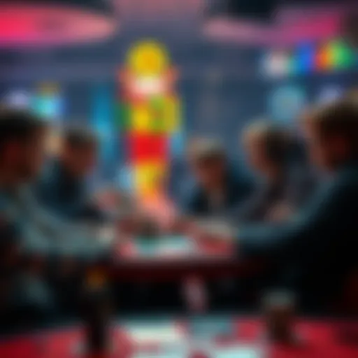 A group of young gamblers at a table discussing prediction markets instead of Bitcoin, showing new trends in gambling