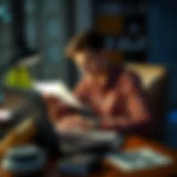 Recent Graduate Struggling with Finances A young man sitting at a desk, looking stressed with bills and a laptop open, surrounded by financial documents and investment papers.