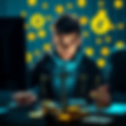 A young hacker sits in front of a computer, looking worried after losing money in a cryptocurrency scheme, surrounded by digital currency symbols.