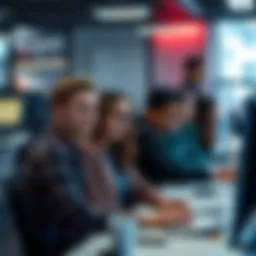 A group of young interns working at their desks in an office setting, looking focused but slightly overwhelmed