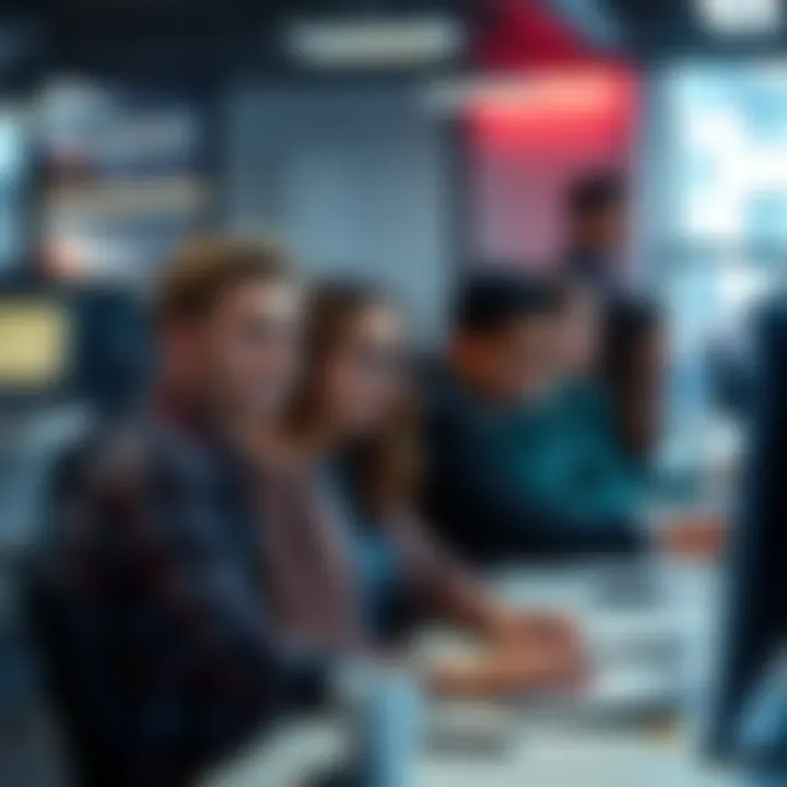 A group of young interns working at their desks in an office setting, looking focused but slightly overwhelmed