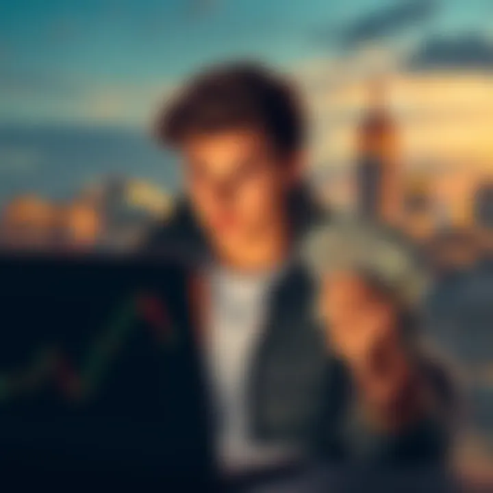 A 21-year-old looking at a Bitcoin chart on a laptop, holding a stack of cash, eager to invest, with a city skyline in the background.