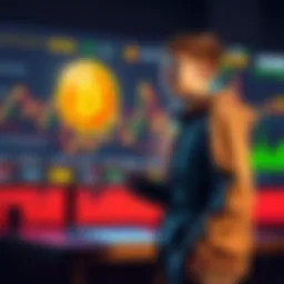 A young investor stands beside a digital screen showing Bitcoin charts and price predictions, expressing excitement about Bitcoin's potential future gains.