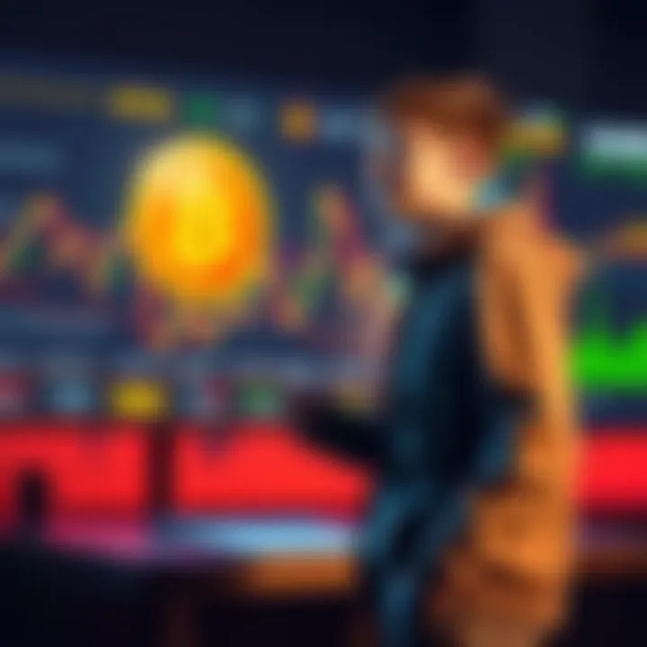 Young Investor Discussing Bitcoin A young investor stands beside a digital screen showing Bitcoin charts and price predictions, expressing excitement about Bitcoin's potential future gains.