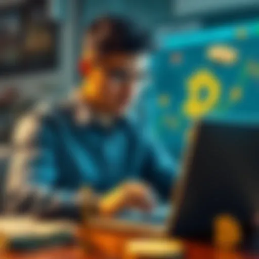 A 25-year-old Argentine investor looks at a Bitcoin chart on a laptop, contemplating a financial decision, surrounded by dollar bills and real estate images.
