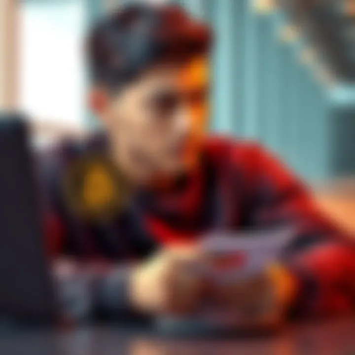 A 21-year-old investor looking at Bitcoin and Meta logos on a laptop screen, with a thoughtful expression and a notepad in hand.