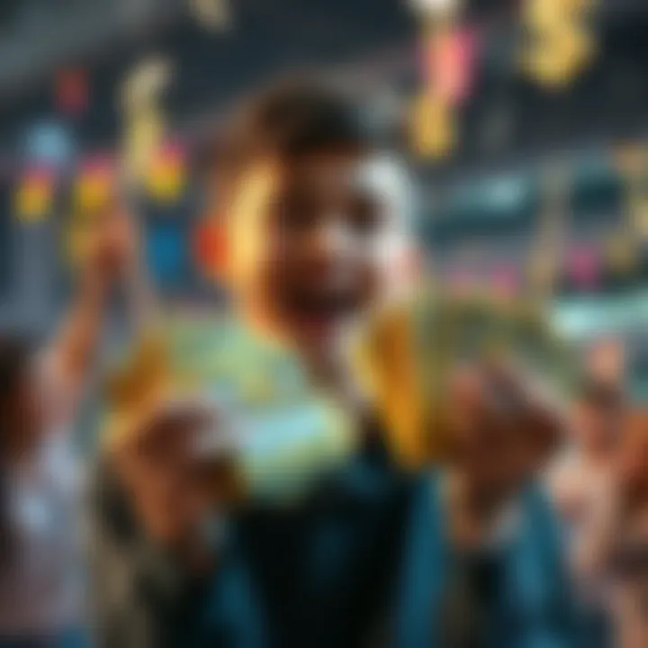 A young person holding a stack of Pokémon cards and looking excited, with a celebration atmosphere around them.