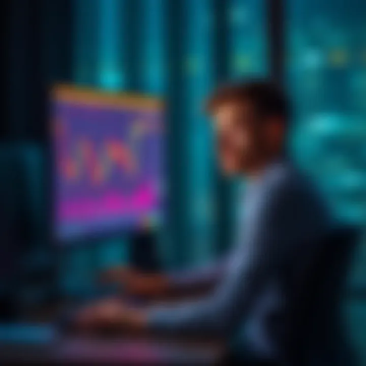 A 23-year-old man sits at a desk, looking worried as he checks his cryptocurrency portfolio on a computer. Charts and numbers are visible on the screen, reflecting losses.